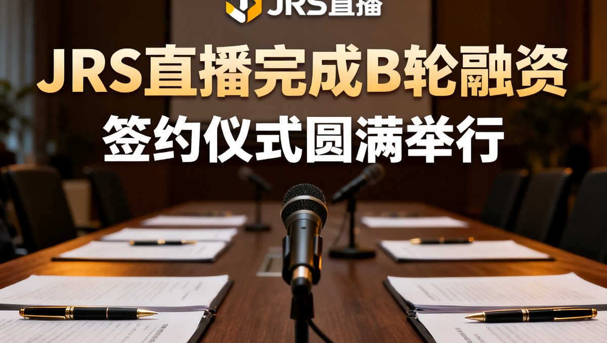 JRS直播宣布完成B轮融资的新闻公告配图，背景为签约仪式现场